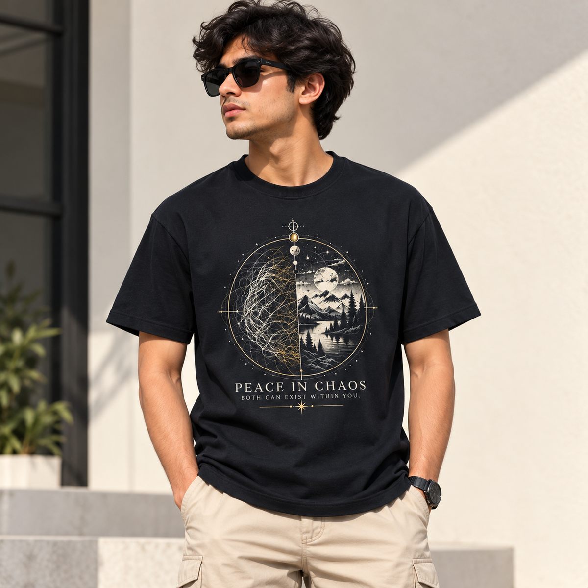 Peace in Chaos Mandala Navy Blue Classic Crew T-Shirt