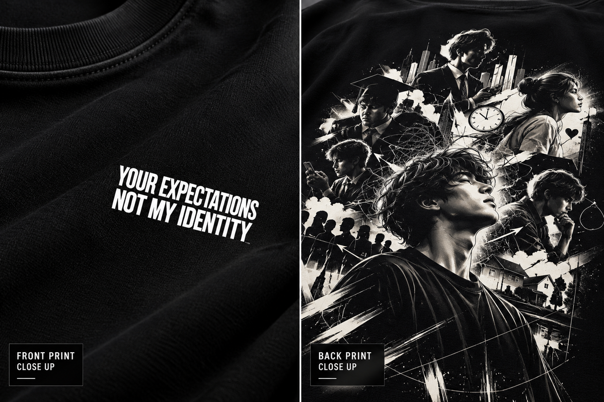 Front and back print of the black MW Expectations oversized T-shirt