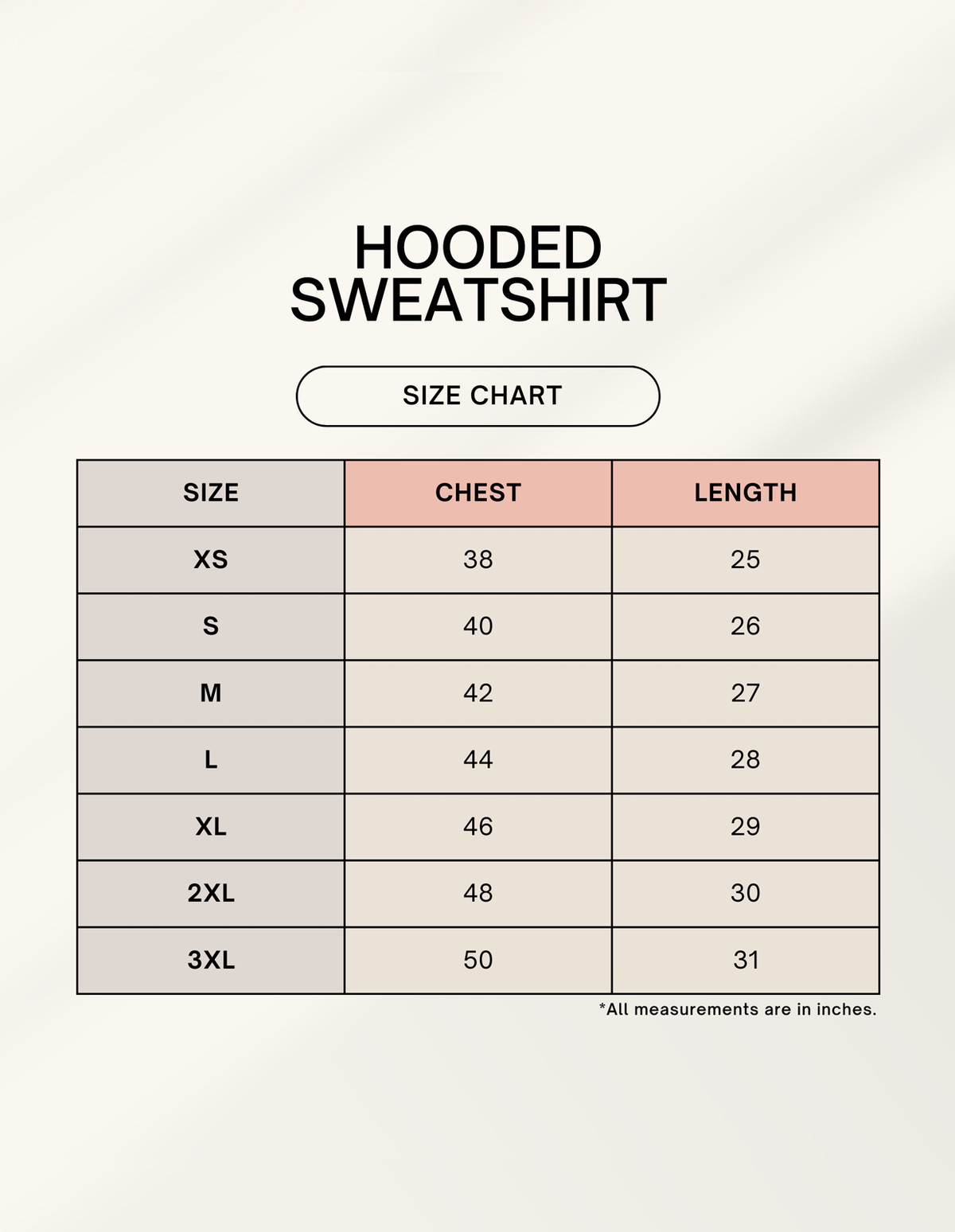 Hoodie size chart
