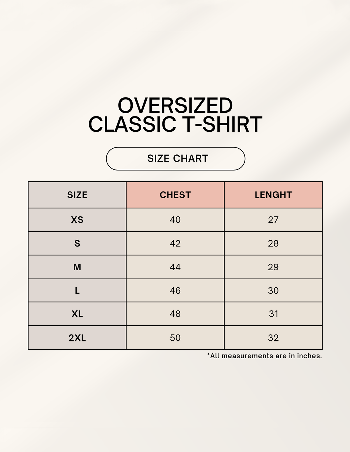 Oversized T-shirt size chart