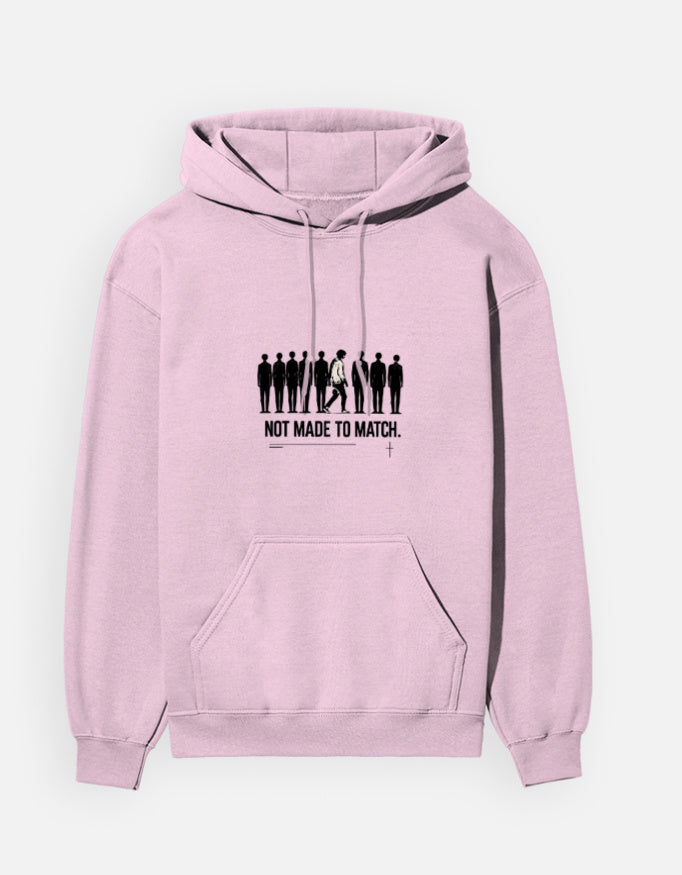 Front view of the light baby pink MATCH unisex hoodie