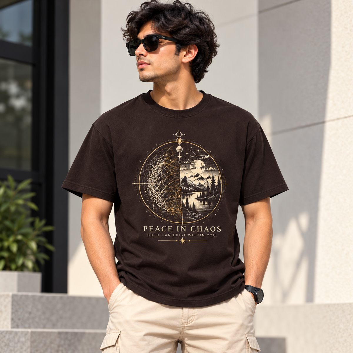 Peace in Chaos Mandala Coffee Brown Classic Crew T-Shirt