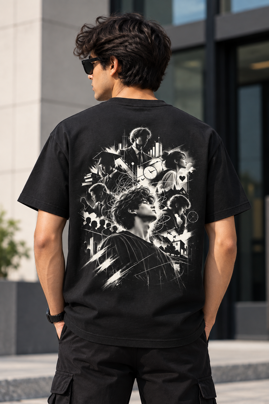 Model wearing the black MW Expectations oversized graphic T-shirt in the city