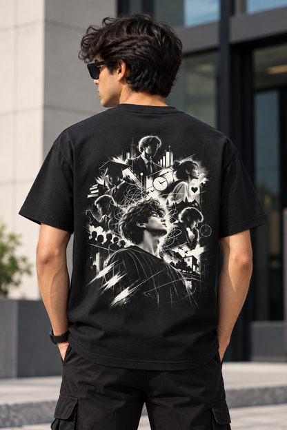 Model wearing the black MW Expectations oversized graphic T-shirt in the city